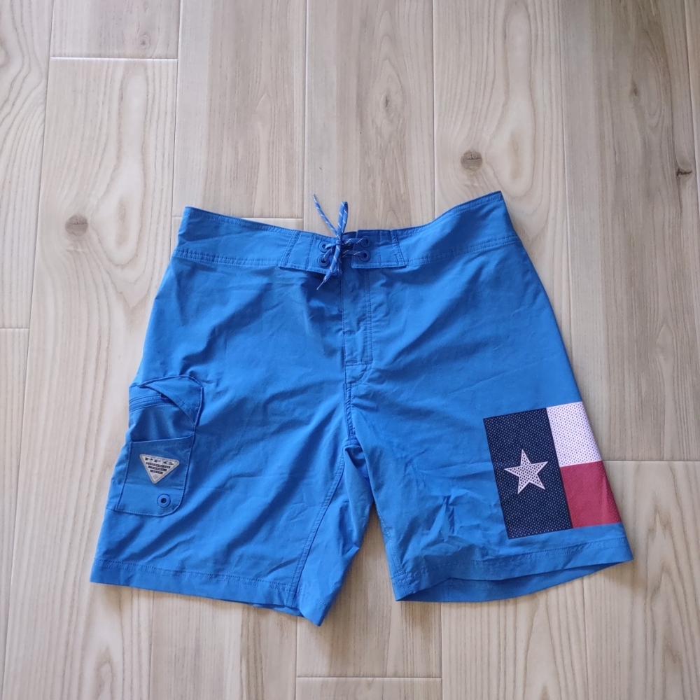 Columbia PFG Board Shorts Mens 36 Texas Flag Fishing Swim Blue Red White USA